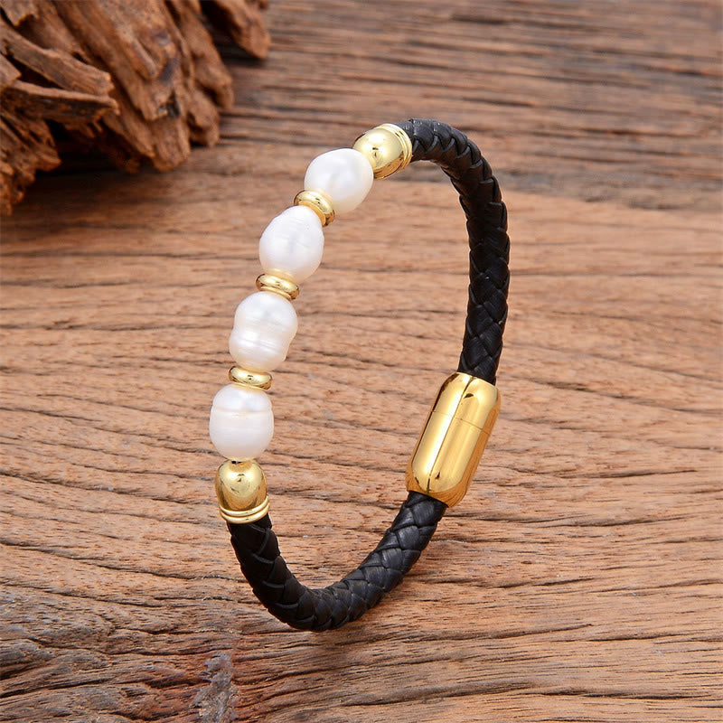 Wear FengShui Handmade Irregular Shaped Pearls Healing Leather Titanium Steel Buckle Bracelet