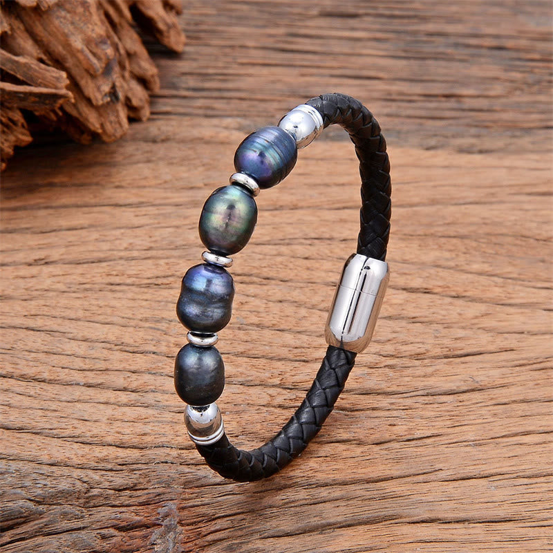 Wear FengShui Handmade Irregular Shaped Pearls Healing Leather Titanium Steel Buckle Bracelet