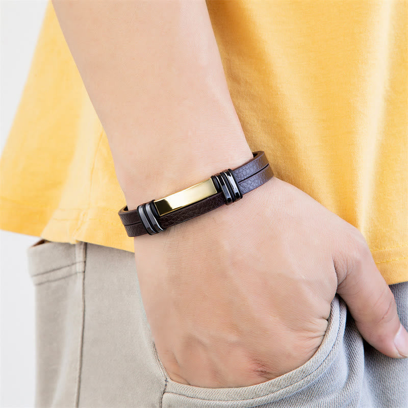 Wear FengShui Brown Leather Titanium Steel Buckle Balance Bracelet