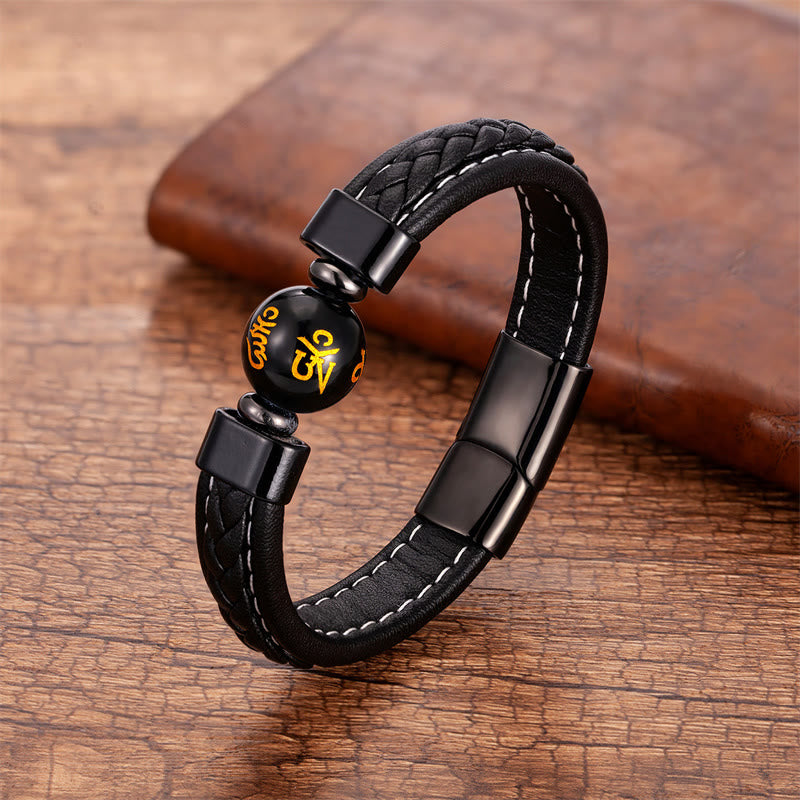 Wear FengShui Lazurite Black Onyx Tiger Eye Lava Rock Om Mani Padme Hum Serenity Leather Bracelet