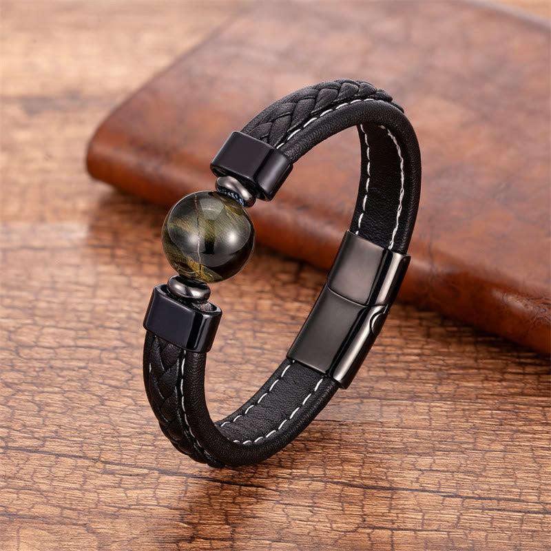 Wear FengShui Lazurite Black Onyx Tiger Eye Lava Rock Om Mani Padme Hum Serenity Leather Bracelet