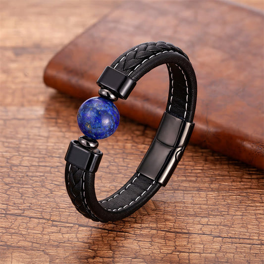 Wear FengShui Lazurite Black Onyx Tiger Eye Lava Rock Om Mani Padme Hum Serenity Leather Bracelet