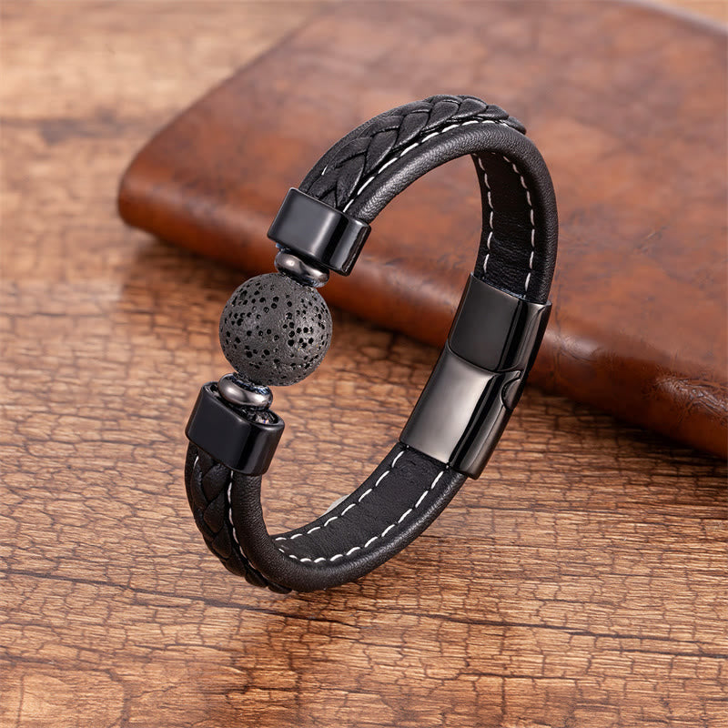 Wear FengShui Lazurite Black Onyx Tiger Eye Lava Rock Om Mani Padme Hum Serenity Leather Bracelet