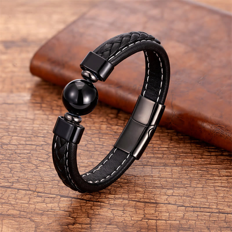Wear FengShui Lazurite Black Onyx Tiger Eye Lava Rock Om Mani Padme Hum Serenity Leather Bracelet