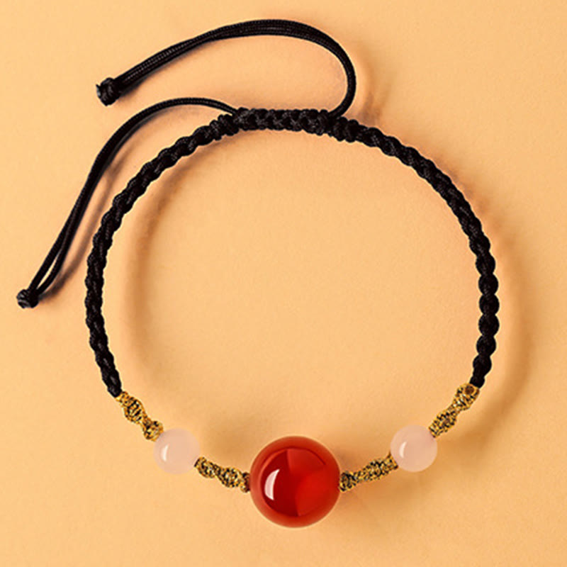 Wear FengShui Hetian Jade Black Onyx Red Agate Bead Luck Braided Bracelet
