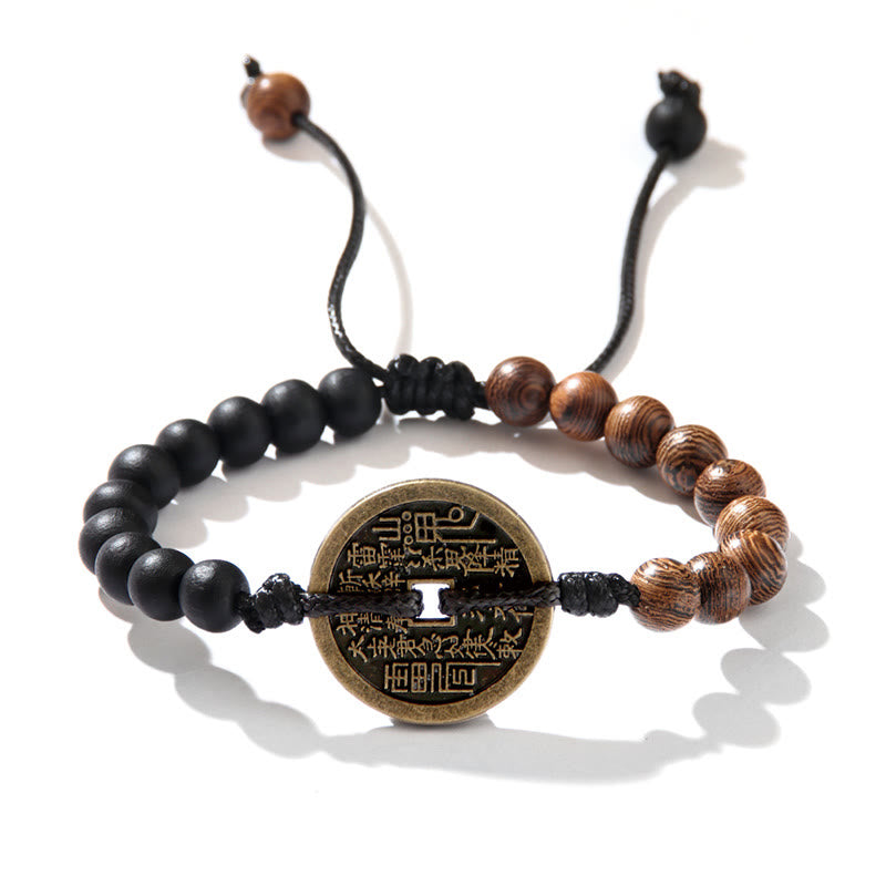 Wear FengShui Ebony Wood Wenge Wood Mountain Ghosts Spend Money Bagua Copper Coin Peace Bracelet