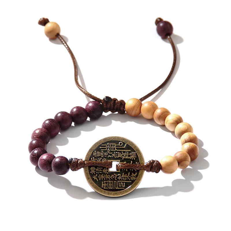 Wear FengShui Ebony Wood Wenge Wood Mountain Ghosts Spend Money Bagua Copper Coin Peace Bracelet