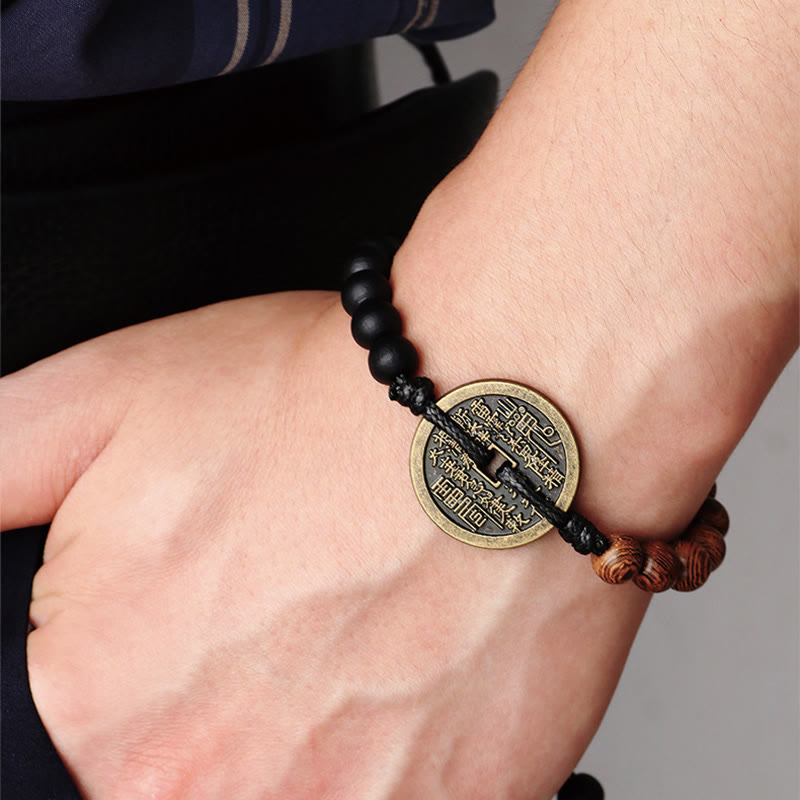 Wear FengShui Ebony Wood Wenge Wood Mountain Ghosts Spend Money Bagua Copper Coin Peace Bracelet