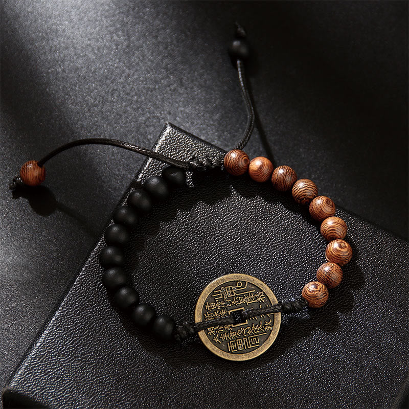 Wear FengShui Ebony Wood Wenge Wood Mountain Ghosts Spend Money Bagua Copper Coin Peace Bracelet