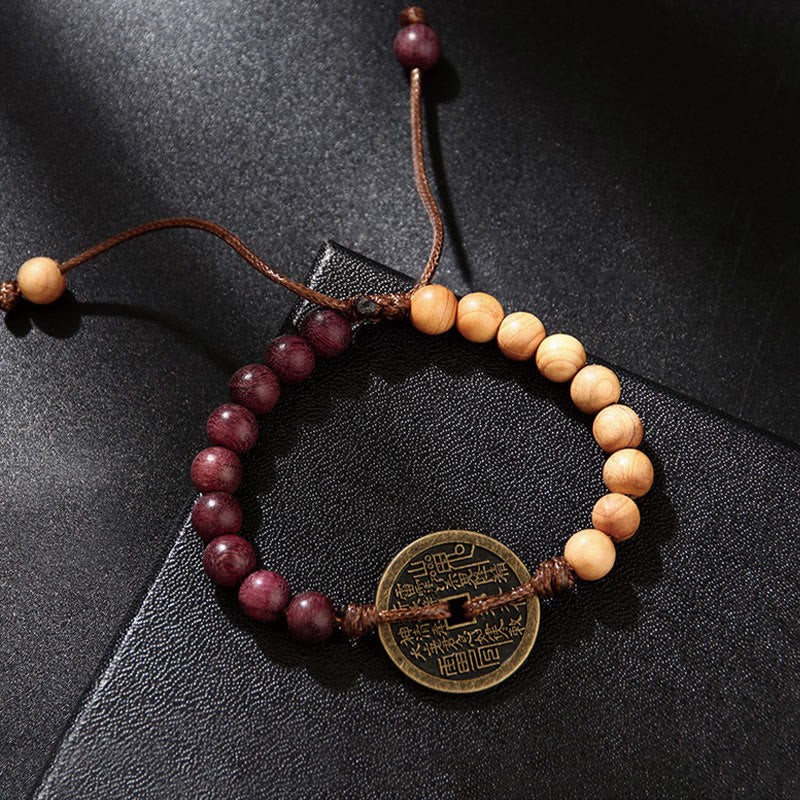 Wear FengShui Ebony Wood Wenge Wood Mountain Ghosts Spend Money Bagua Copper Coin Peace Bracelet