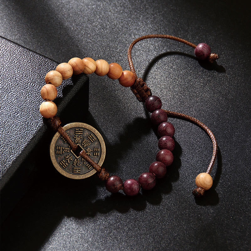 Wear FengShui Ebony Wood Wenge Wood Mountain Ghosts Spend Money Bagua Copper Coin Peace Bracelet