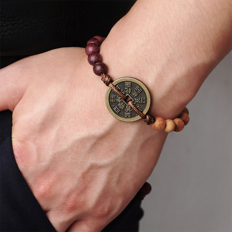 Wear FengShui Ebony Wood Wenge Wood Mountain Ghosts Spend Money Bagua Copper Coin Peace Bracelet