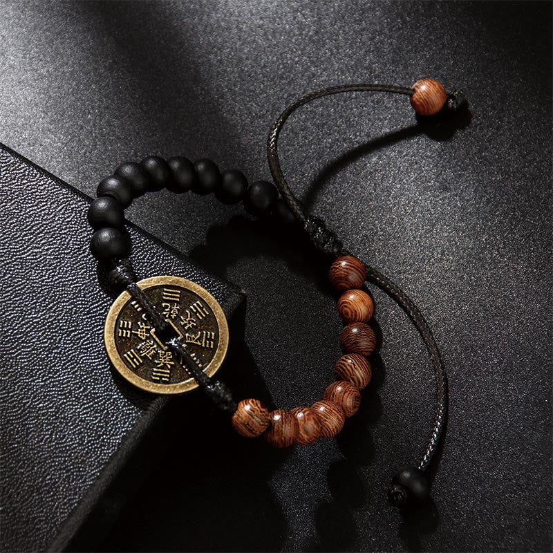 Wear FengShui Ebony Wood Wenge Wood Mountain Ghosts Spend Money Bagua Copper Coin Peace Bracelet