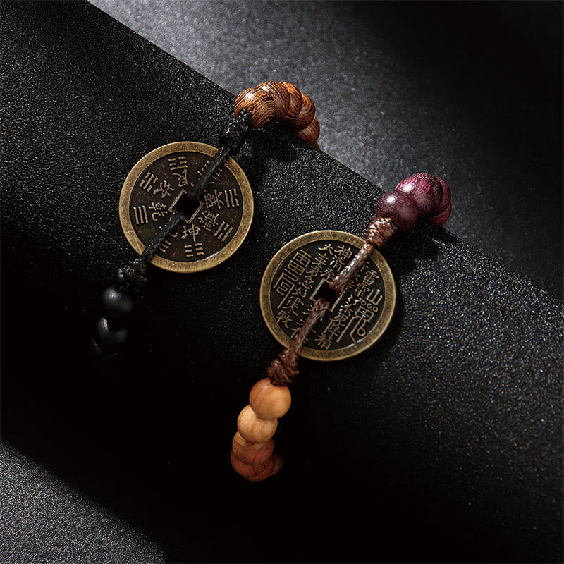 Wear FengShui Ebony Wood Wenge Wood Mountain Ghosts Spend Money Bagua Copper Coin Peace Bracelet