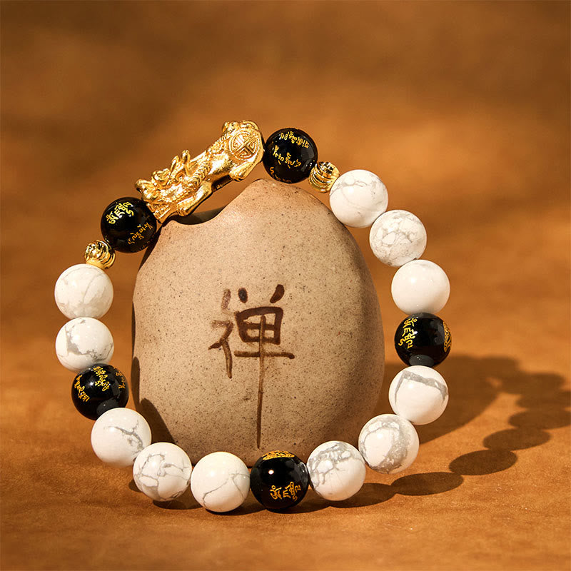 Wear FengShui Vintage White Turquoise Black Onyx Pixiu Beads Blessing Bracelet