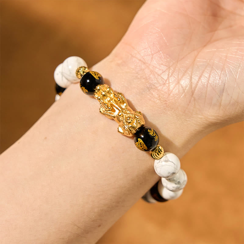 Wear FengShui Vintage White Turquoise Black Onyx Pixiu Beads Blessing Bracelet