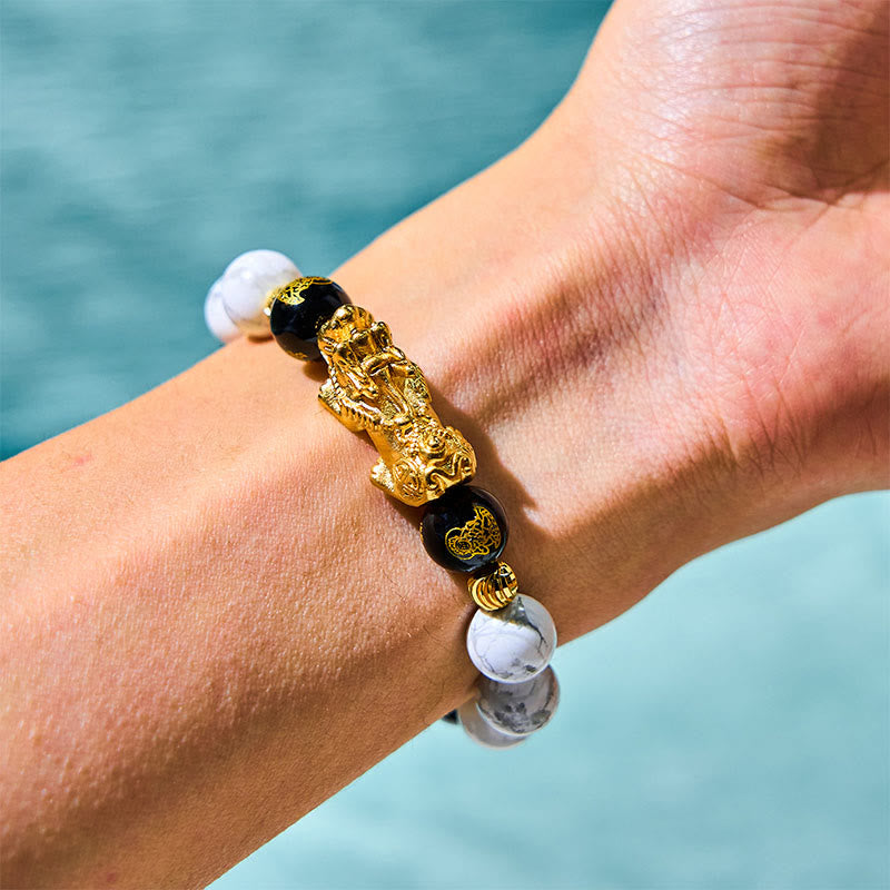 Wear FengShui Vintage White Turquoise Black Onyx Pixiu Beads Blessing Bracelet