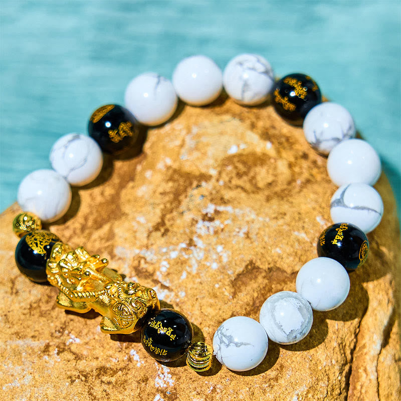 Wear FengShui Vintage White Turquoise Black Onyx Pixiu Beads Blessing Bracelet