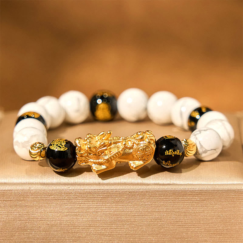 Wear FengShui Vintage White Turquoise Black Onyx Pixiu Beads Blessing Bracelet
