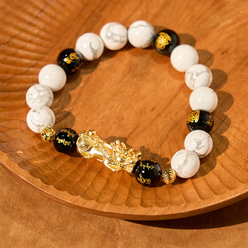 Wear FengShui Vintage White Turquoise Black Onyx Pixiu Beads Blessing Bracelet