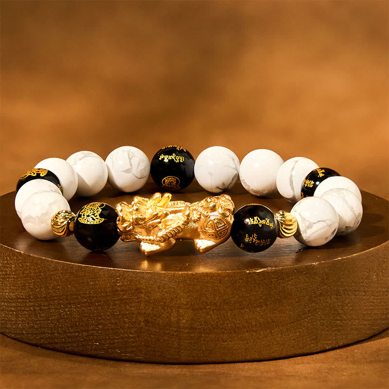 Wear FengShui Vintage White Turquoise Black Onyx Pixiu Beads Blessing Bracelet