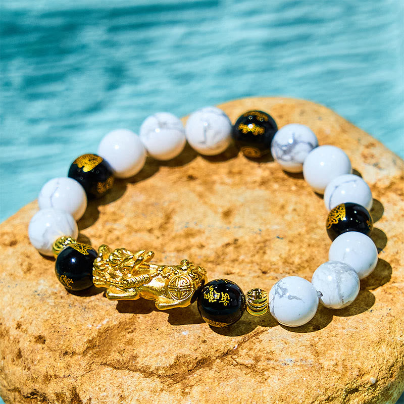 Wear FengShui Vintage White Turquoise Black Onyx Pixiu Beads Blessing Bracelet