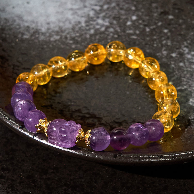 Wear FengShui Citrine Amethyst Pixiu Prosperity Bracelet