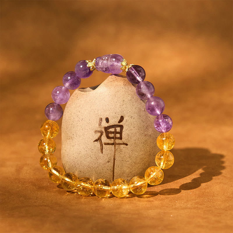Wear FengShui Citrine Amethyst Pixiu Prosperity Bracelet