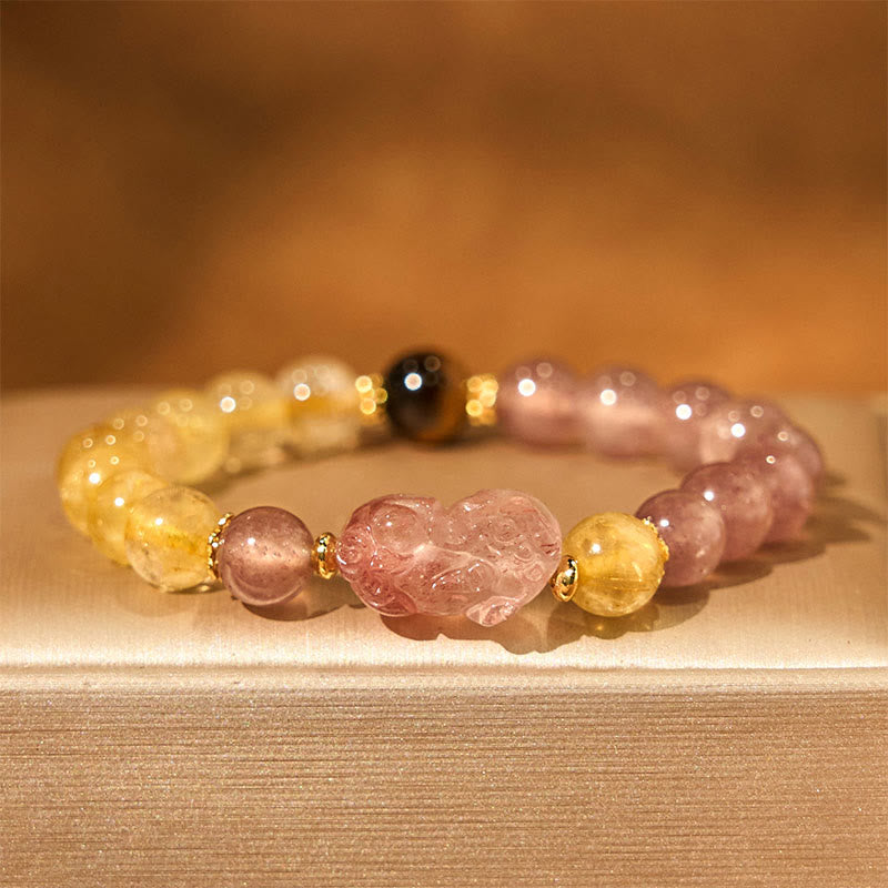Wear FengShui Strawberry Quartz Pixiu Rutilated Quartz Beads Healing Bracelet