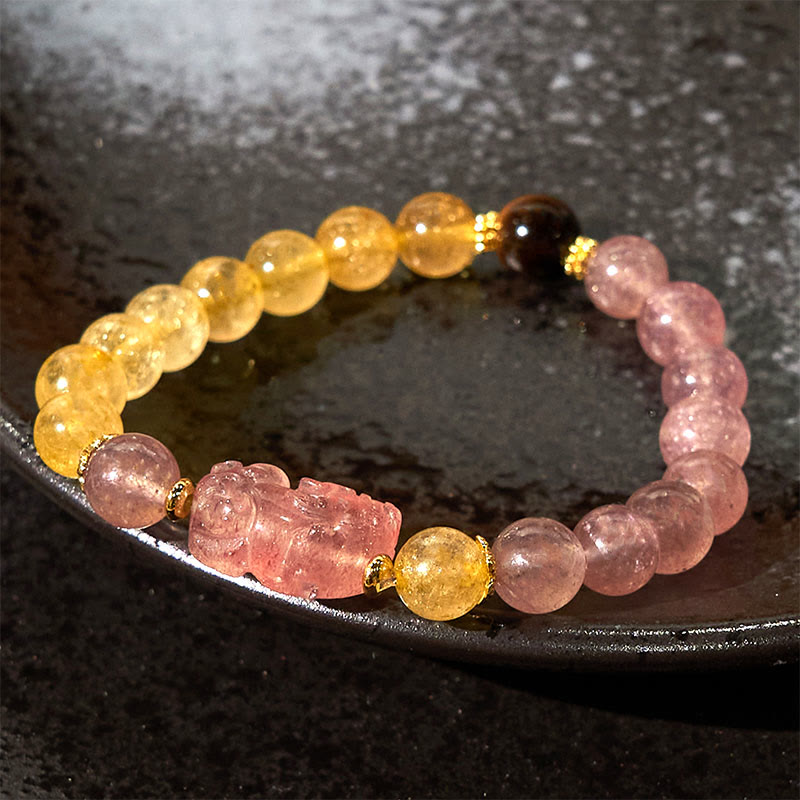 Wear FengShui Strawberry Quartz Pixiu Rutilated Quartz Beads Healing Bracelet