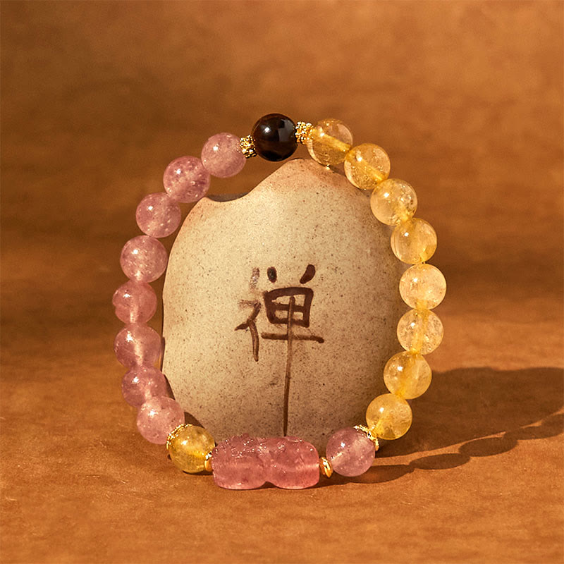 Wear FengShui Strawberry Quartz Pixiu Rutilated Quartz Beads Healing Bracelet
