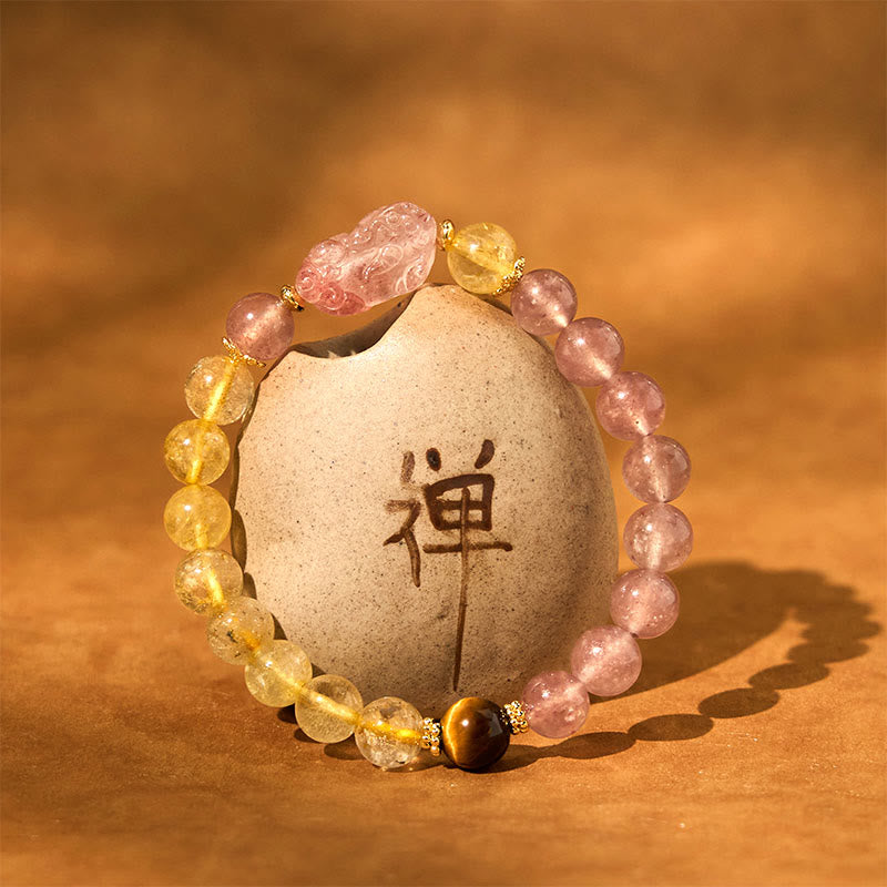 Wear FengShui Strawberry Quartz Pixiu Rutilated Quartz Beads Healing Bracelet
