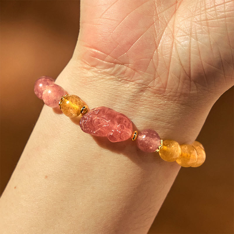 Wear FengShui Strawberry Quartz Pixiu Rutilated Quartz Beads Healing Bracelet