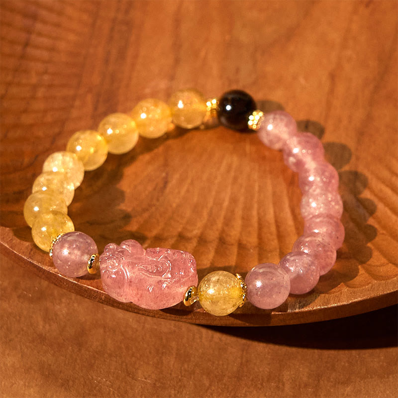 Wear FengShui Strawberry Quartz Pixiu Rutilated Quartz Beads Healing Bracelet