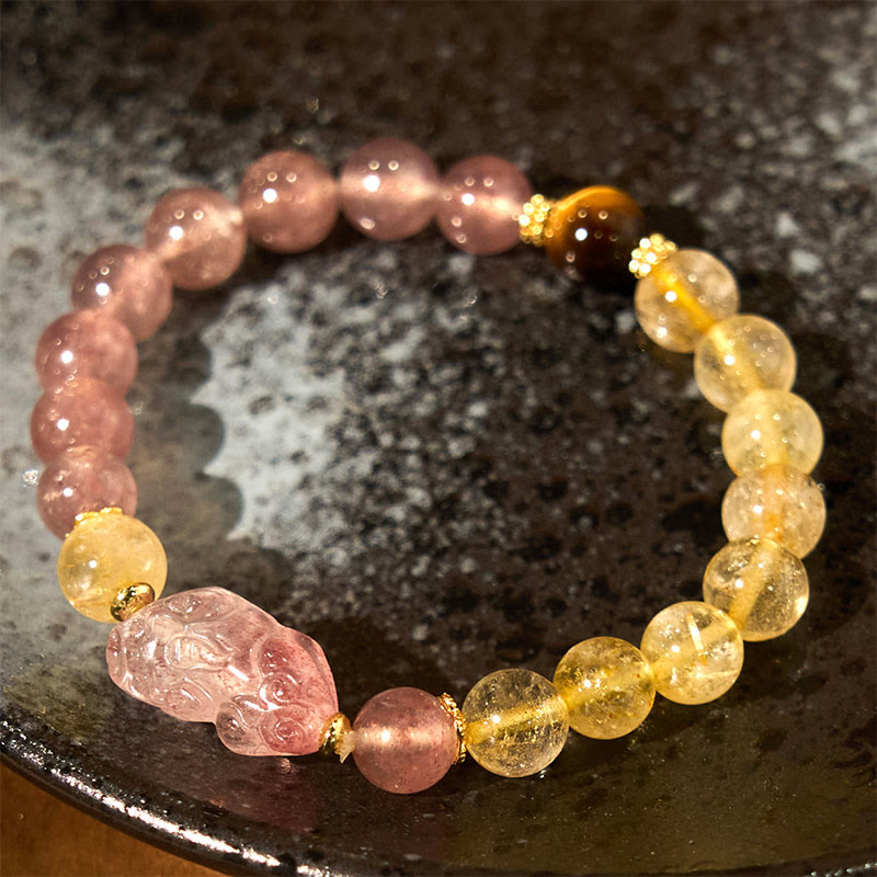 Wear FengShui Strawberry Quartz Pixiu Rutilated Quartz Beads Healing Bracelet