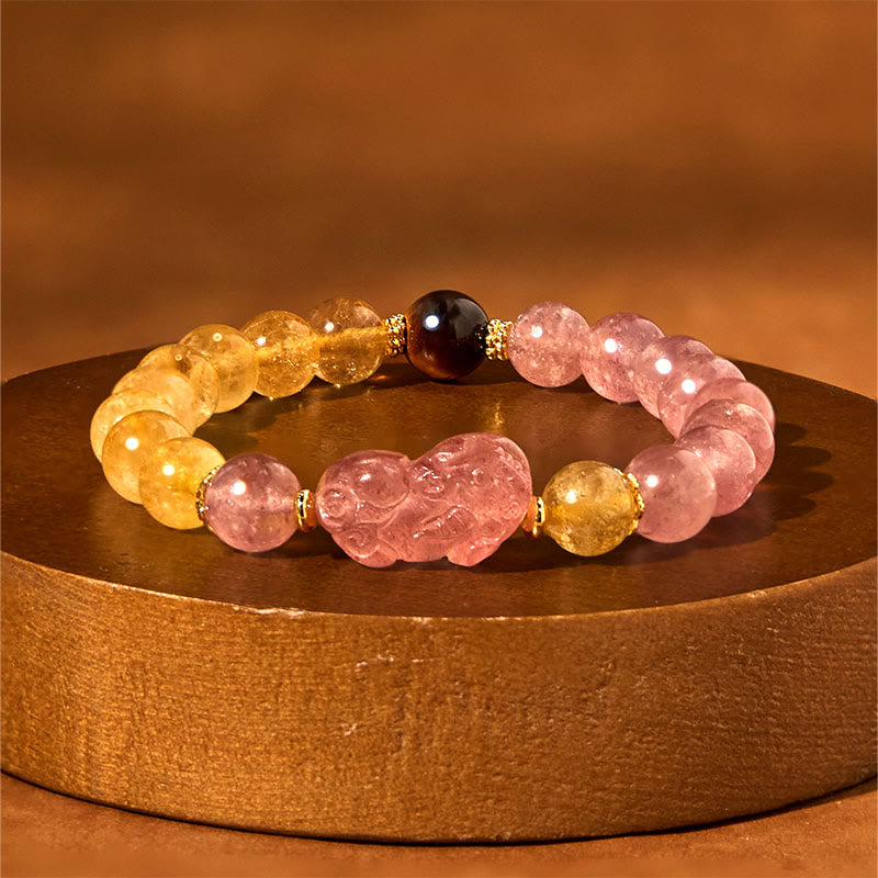 Wear FengShui Strawberry Quartz Pixiu Rutilated Quartz Beads Healing Bracelet