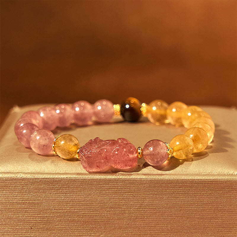 Wear FengShui Strawberry Quartz Pixiu Rutilated Quartz Beads Healing Bracelet