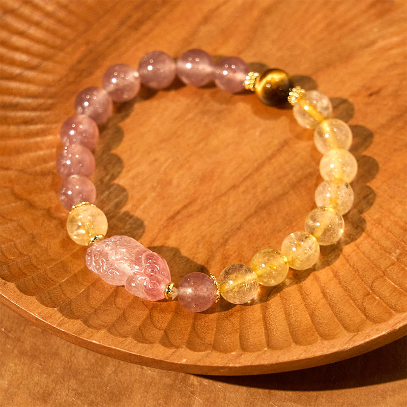 Wear FengShui Strawberry Quartz Pixiu Rutilated Quartz Beads Healing Bracelet