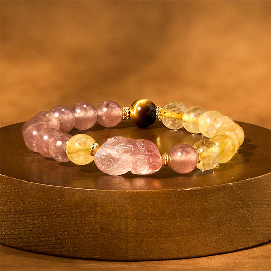 Wear FengShui Strawberry Quartz Pixiu Rutilated Quartz Beads Healing Bracelet