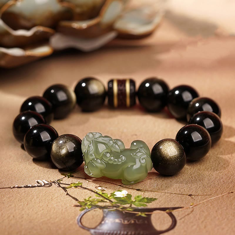 Wear FengShui Natural Gold Sheen Obsidian Hetian Cyan Jade White Jade PiXiu Wealth Bracelet