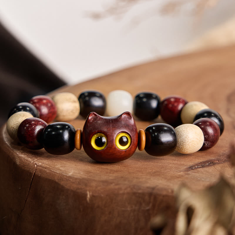 Wear FengShui Small Leaf Red Sandalwood Ebony Wood Cute Cat Engraved Protection Bracelet
