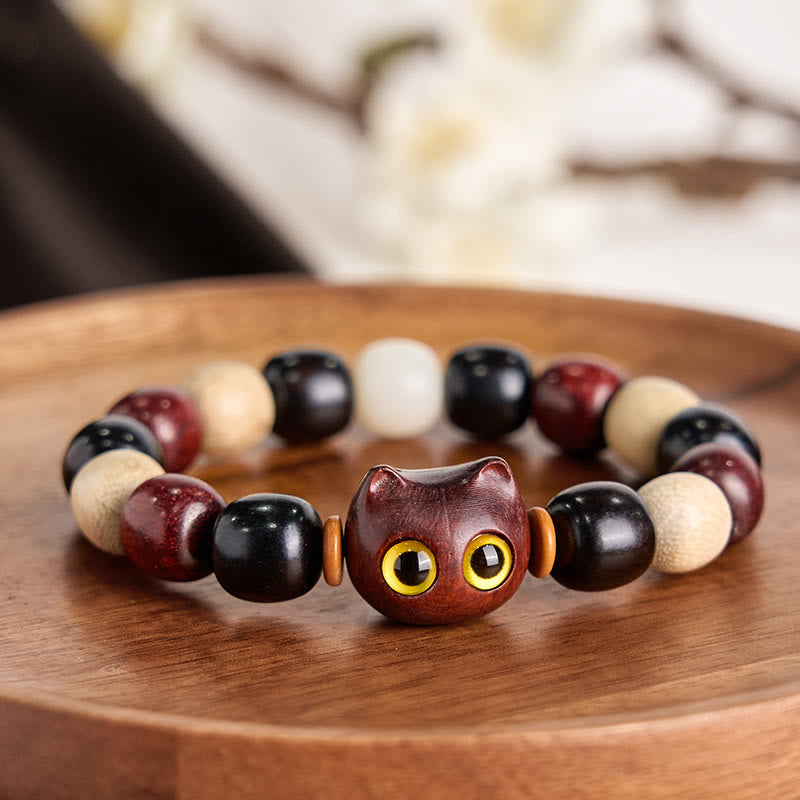 Wear FengShui Small Leaf Red Sandalwood Ebony Wood Cute Cat Engraved Protection Bracelet
