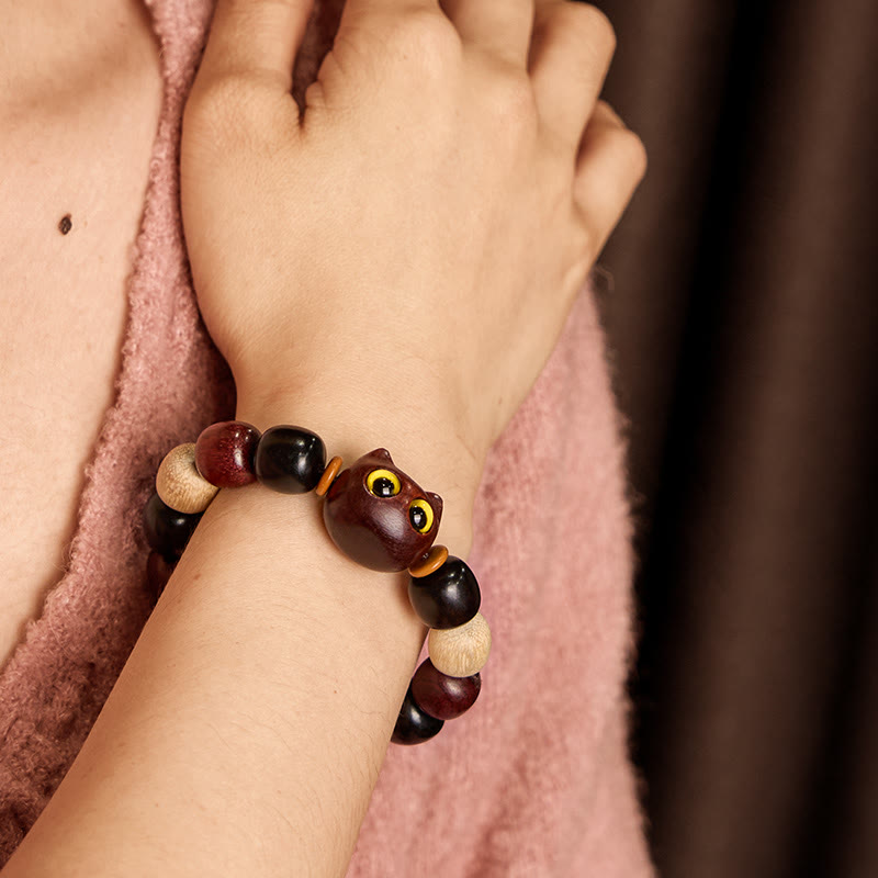 Wear FengShui Small Leaf Red Sandalwood Ebony Wood Cute Cat Engraved Protection Bracelet