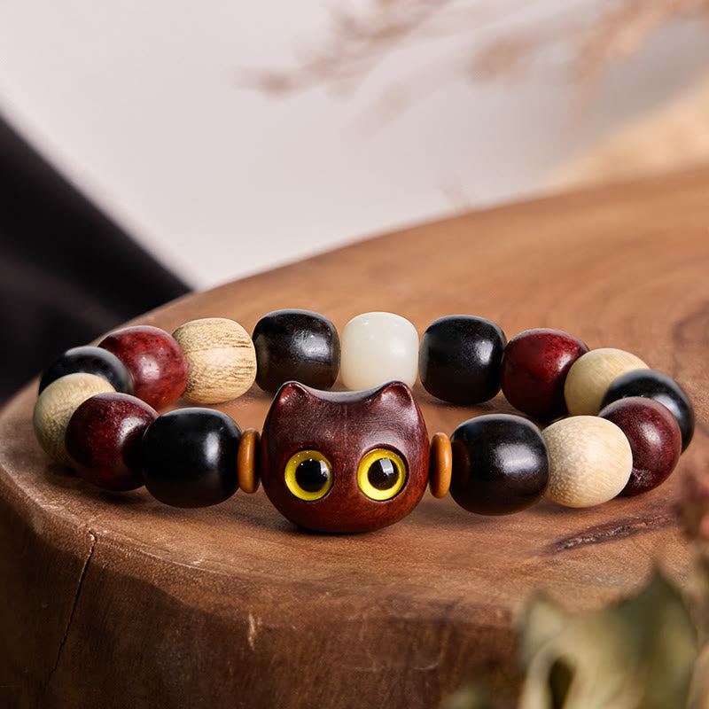 Wear FengShui Small Leaf Red Sandalwood Ebony Wood Cute Cat Engraved Protection Bracelet