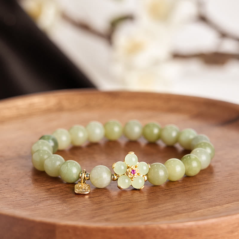 Wear FengShui Green Jade Flower Fu Character Charm Luck Bracelet