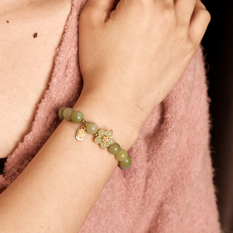 Wear FengShui Green Jade Flower Fu Character Charm Luck Bracelet