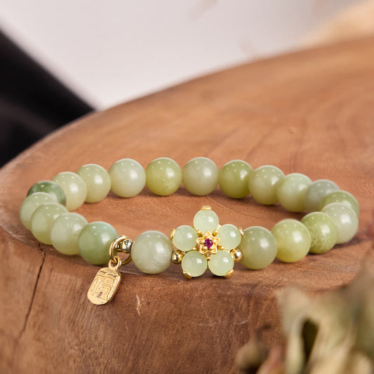 Wear FengShui Green Jade Flower Fu Character Charm Luck Bracelet