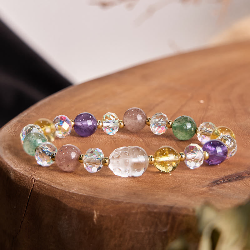 Wear FengShui PiXiu White Crystal Citrine Green Strawberry Quartz Amethyst Luck Bracelet