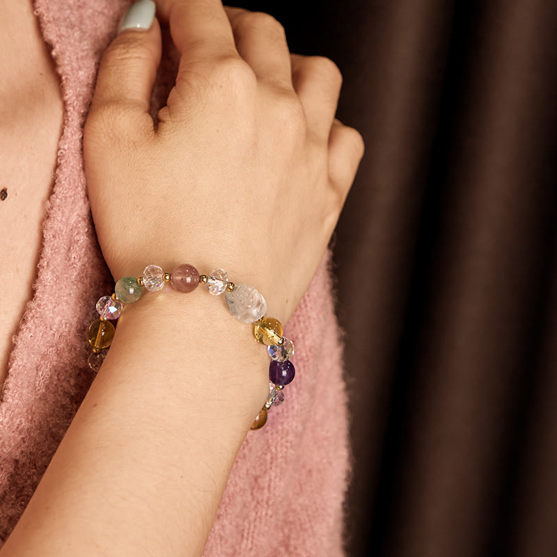 Wear FengShui PiXiu White Crystal Citrine Green Strawberry Quartz Amethyst Luck Bracelet