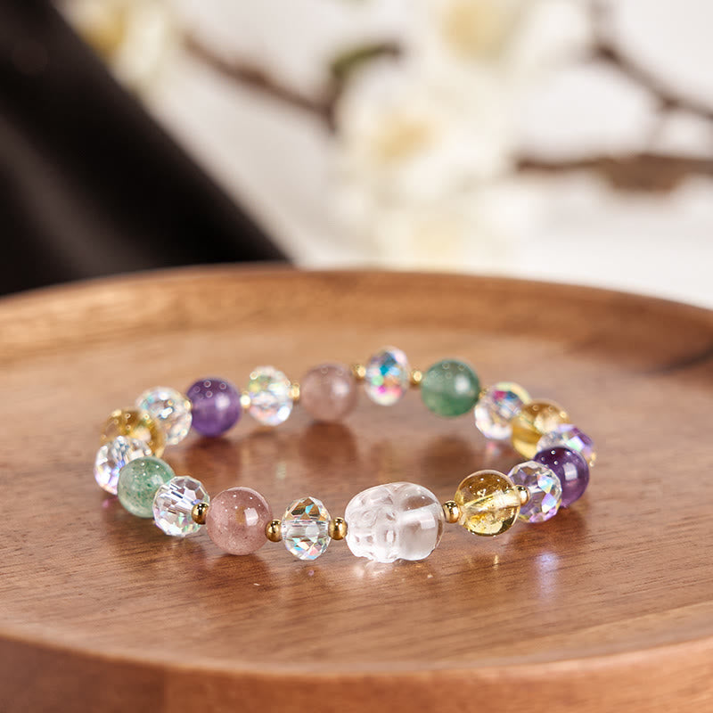 Wear FengShui PiXiu White Crystal Citrine Green Strawberry Quartz Amethyst Luck Bracelet